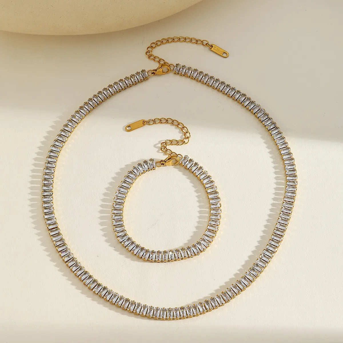 Zirconia Geometric Stainless Steel 18K Gold Plated Necklace Bracelet Set