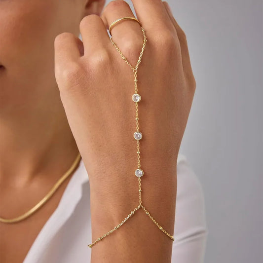 Round Diamonds Titanium Steel 18K Gold Plated Finger Chain Bracelet