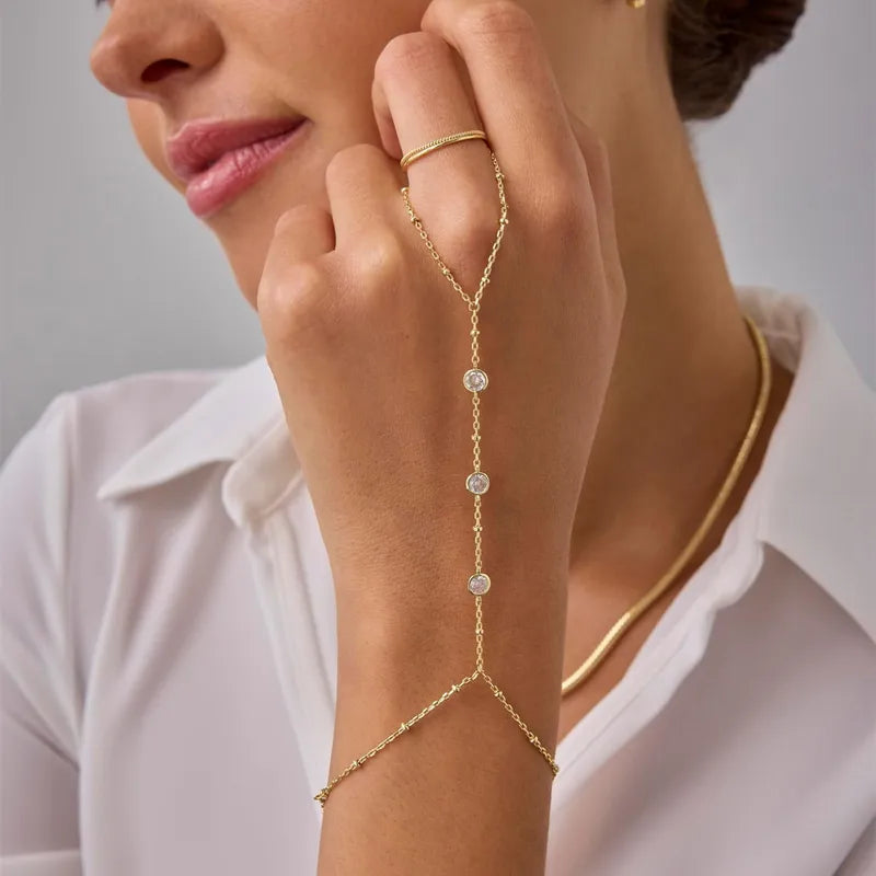 Round Diamonds Titanium Steel 18K Gold Plated Finger Chain Bracelet