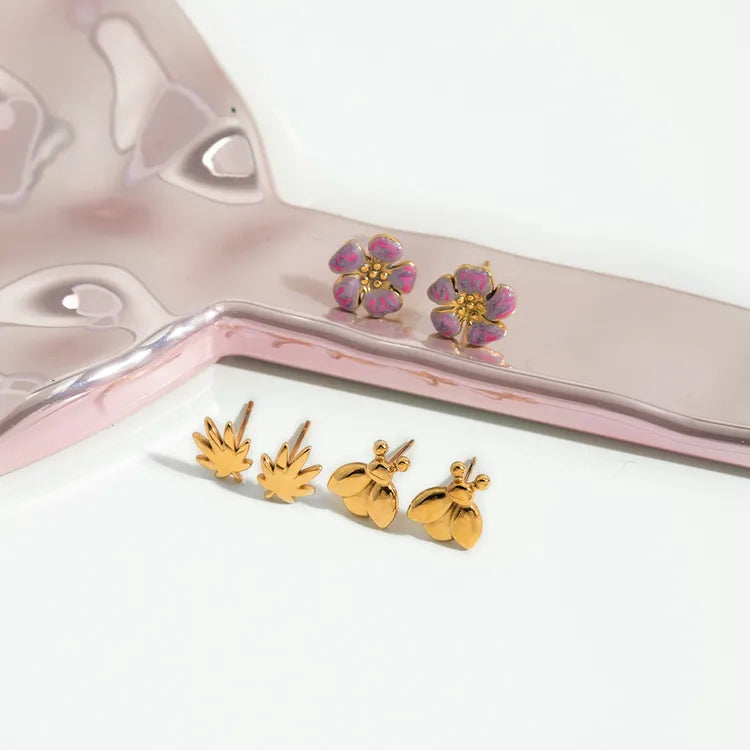 Maple Leaf + Ladybug + Purple Flower 18K Gold Stainless Steel Earring Set