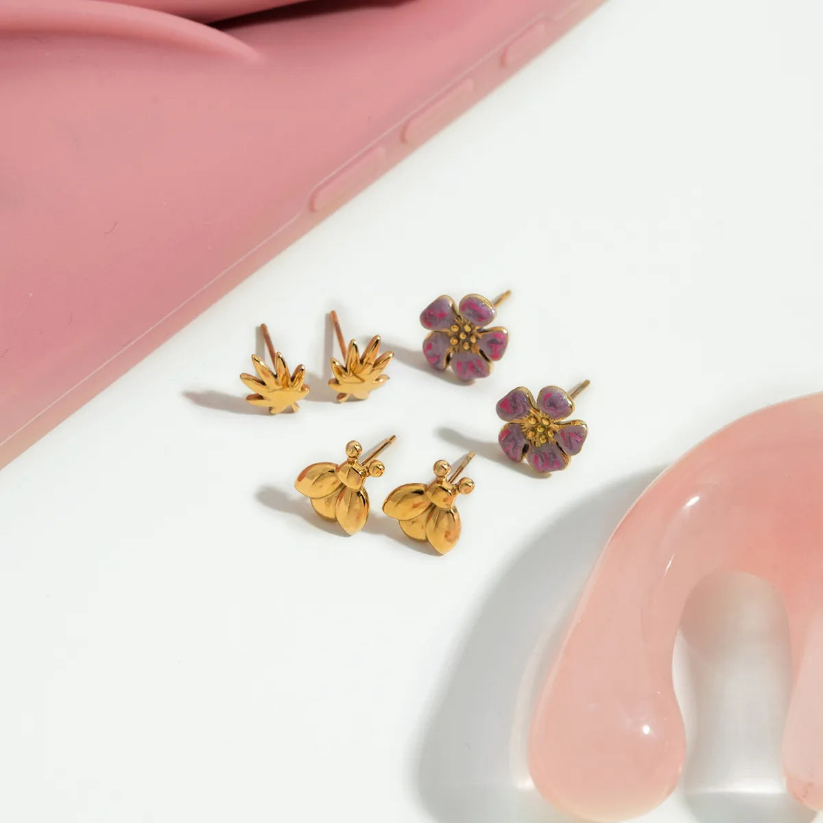 Maple Leaf + Ladybug + Purple Flower 18K Gold Stainless Steel Earring Set