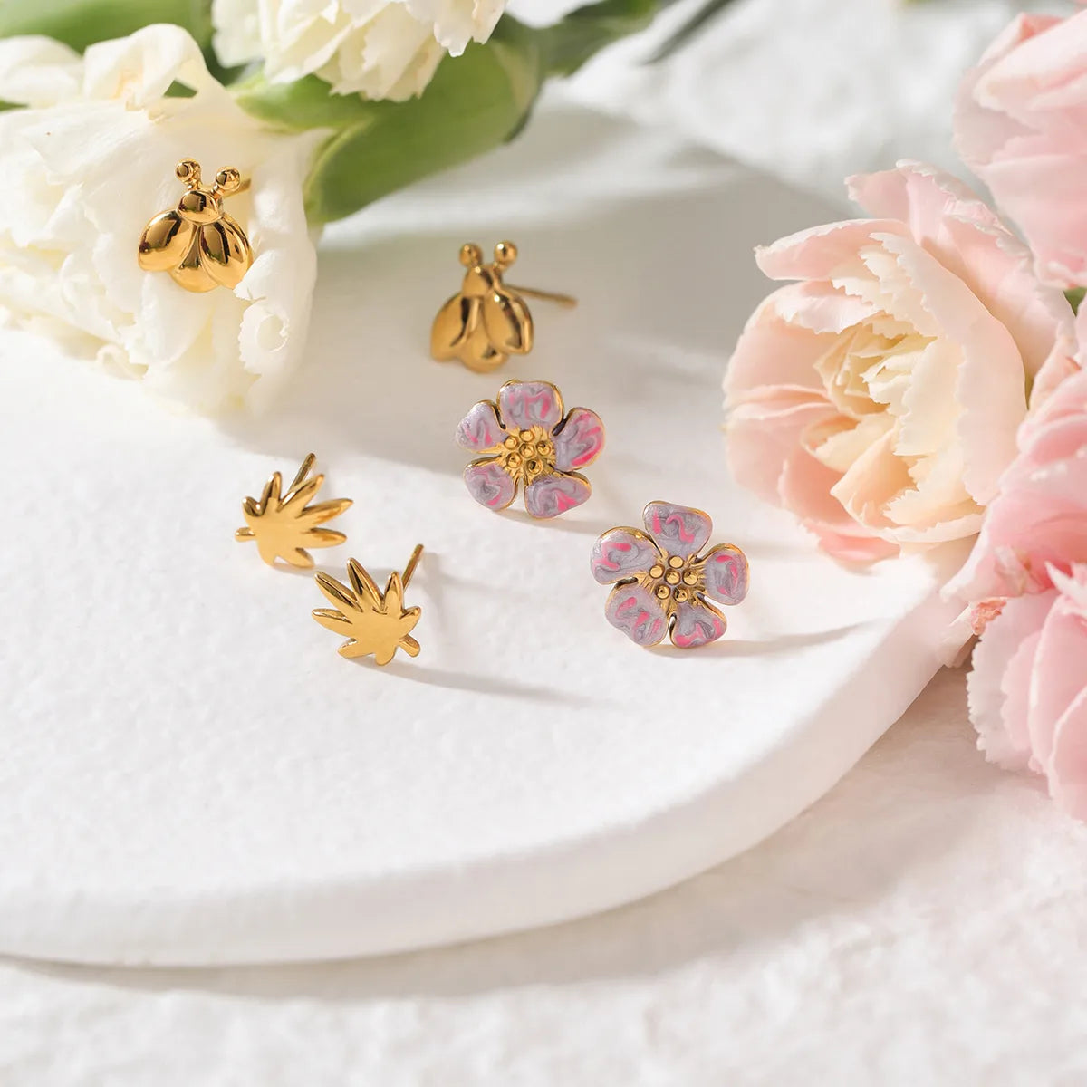 Maple Leaf + Ladybug + Purple Flower 18K Gold Stainless Steel Earring Set