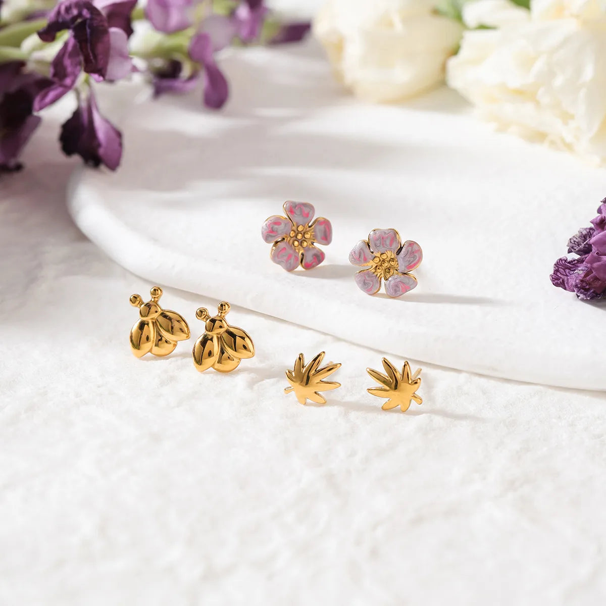 Maple Leaf + Ladybug + Purple Flower 18K Gold Stainless Steel Earring Set