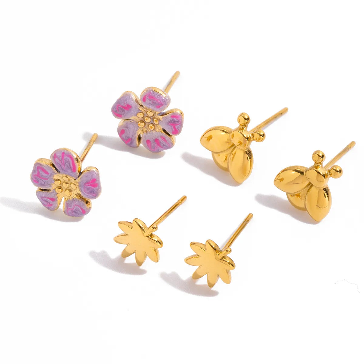 Maple Leaf + Ladybug + Purple Flower 18K Gold Stainless Steel Earring Set