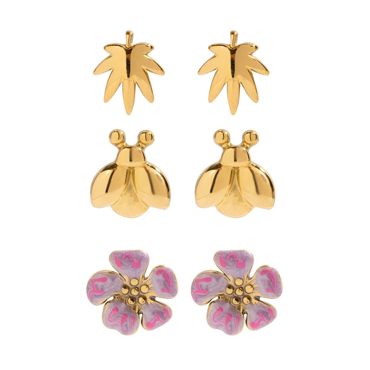 Maple Leaf + Ladybug + Purple Flower 18K Gold Stainless Steel Earring Set