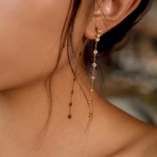 Classic Zircon Tassel 18K Gold Stainless Steel Earrings