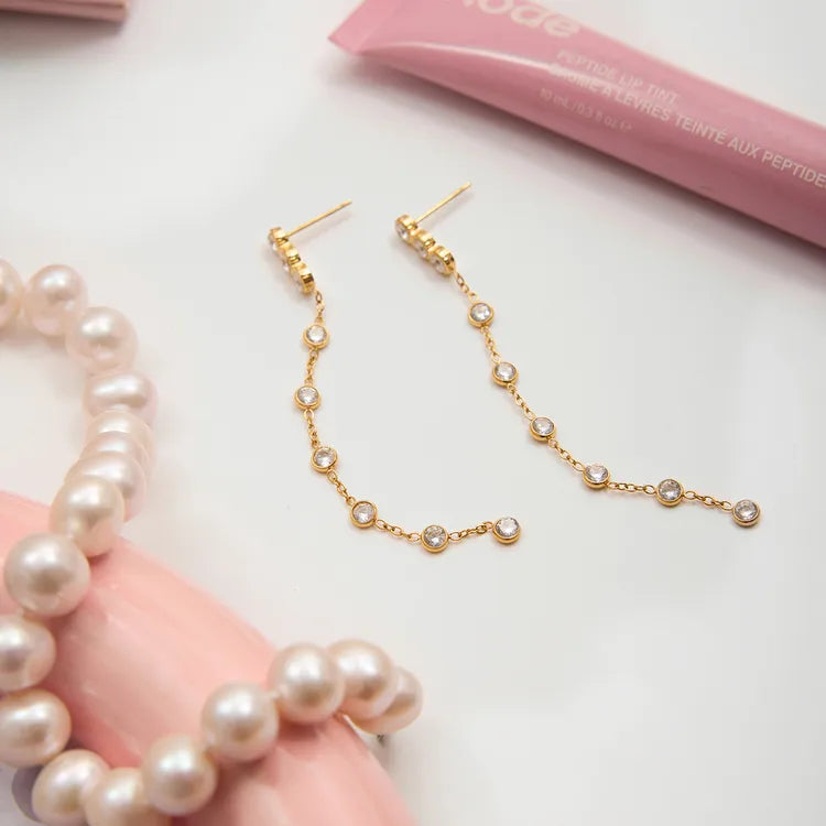 Classic Zircon Tassel 18K Gold Stainless Steel Earrings