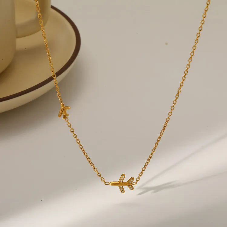 Airplane Rhinestone 18K Gold Plated 304 Stainless Steel Necklace