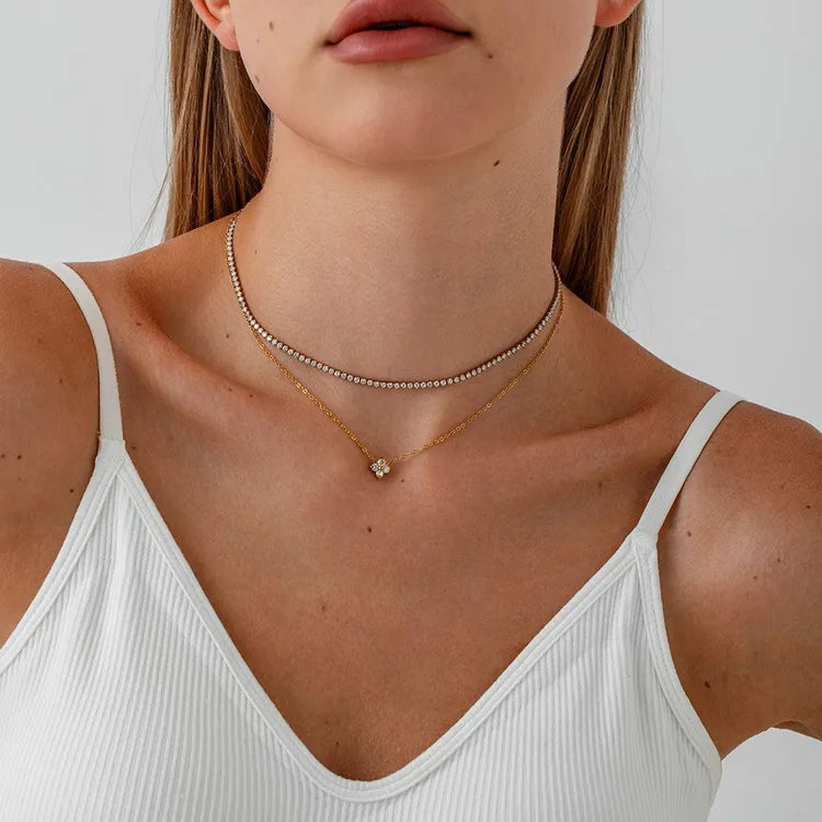Clover Zirconia Double Layered Necklace Pendant Stainless Steel 18K Gold Plated Choker