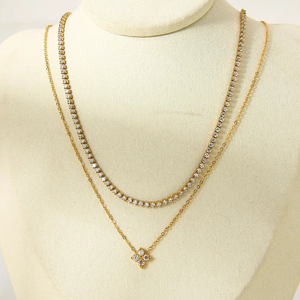 Clover Zirconia Double Layered Necklace Pendant Stainless Steel 18K Gold Plated Choker