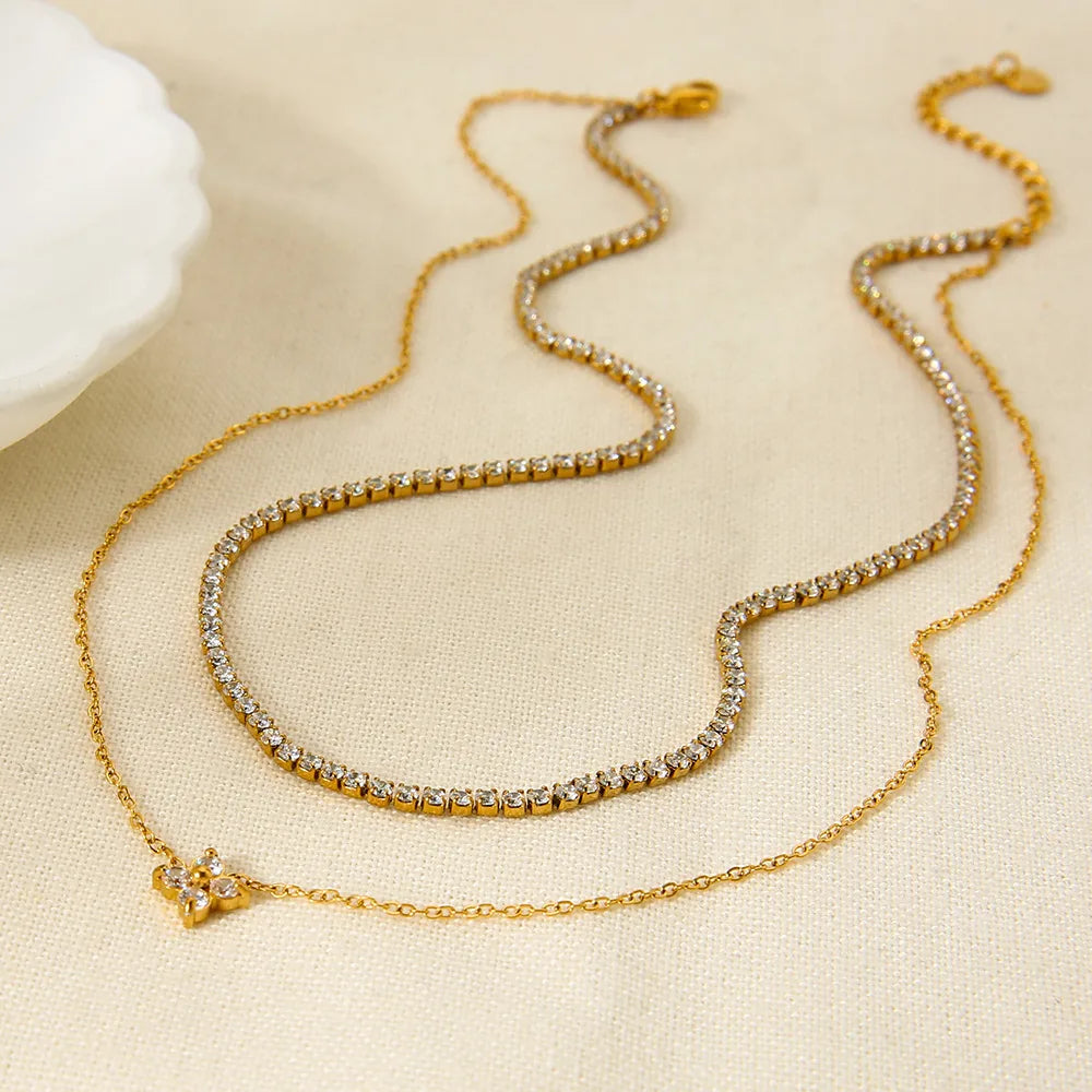 Clover Zirconia Double Layered Necklace Pendant Stainless Steel 18K Gold Plated Choker