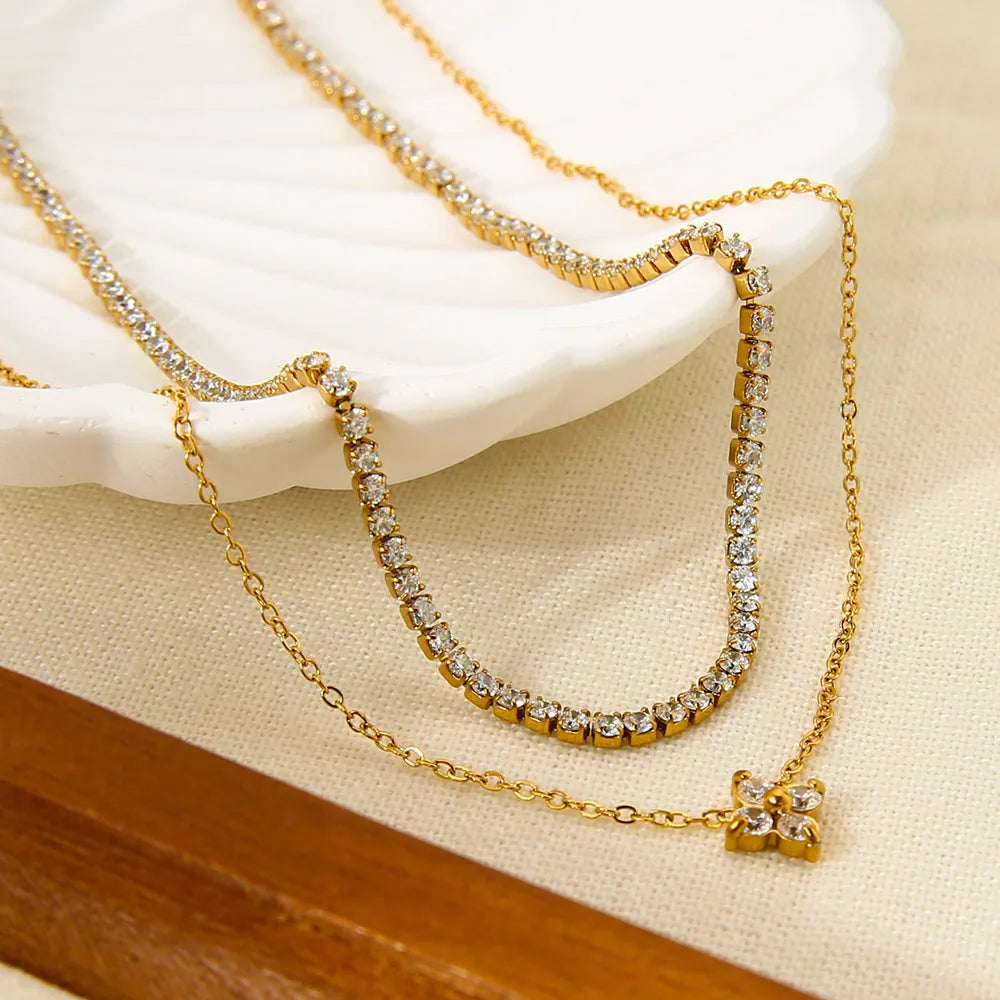 Clover Zirconia Double Layered Necklace Pendant Stainless Steel 18K Gold Plated Choker