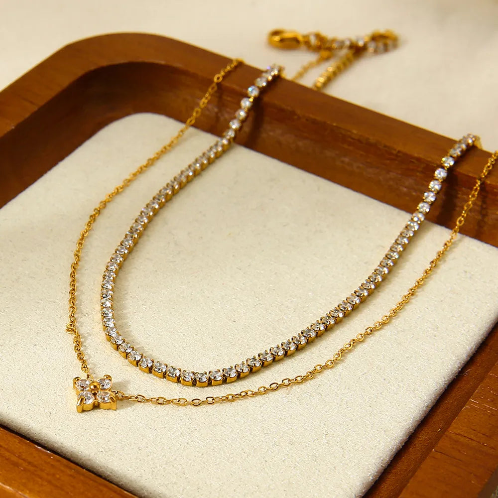 Clover Zirconia Double Layered Necklace Pendant Stainless Steel 18K Gold Plated Choker