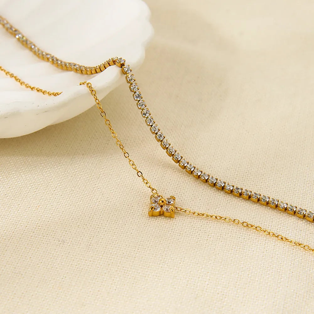 Clover Zirconia Double Layered Necklace Pendant Stainless Steel 18K Gold Plated Choker