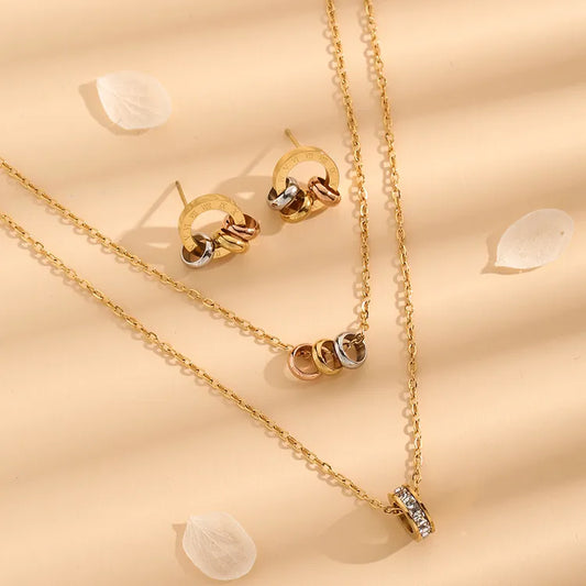 18K Gold Plated Roman Numeral 304 Stainless Steel Earrings Necklace