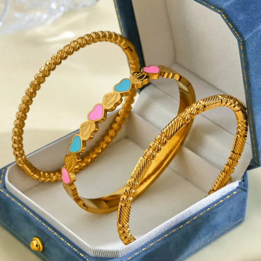 Colored Heart Shaped Stainless Steel 18K Gold Plated Bracelet