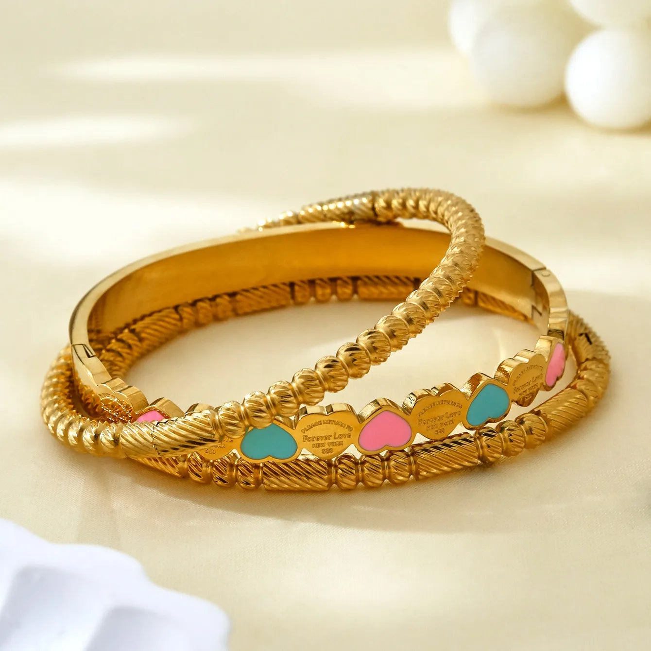 Colored Heart Shaped Stainless Steel 18K Gold Plated Bracelet