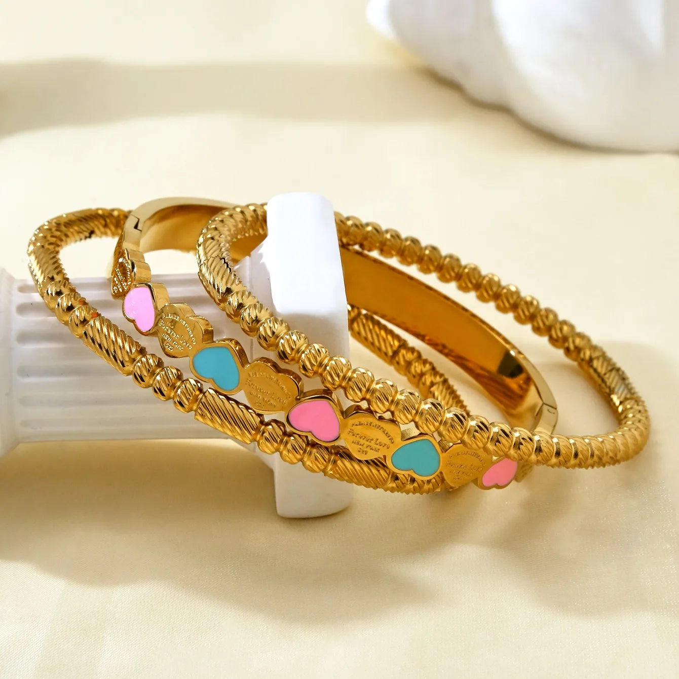 Colored Heart Shaped Stainless Steel 18K Gold Plated Bracelet