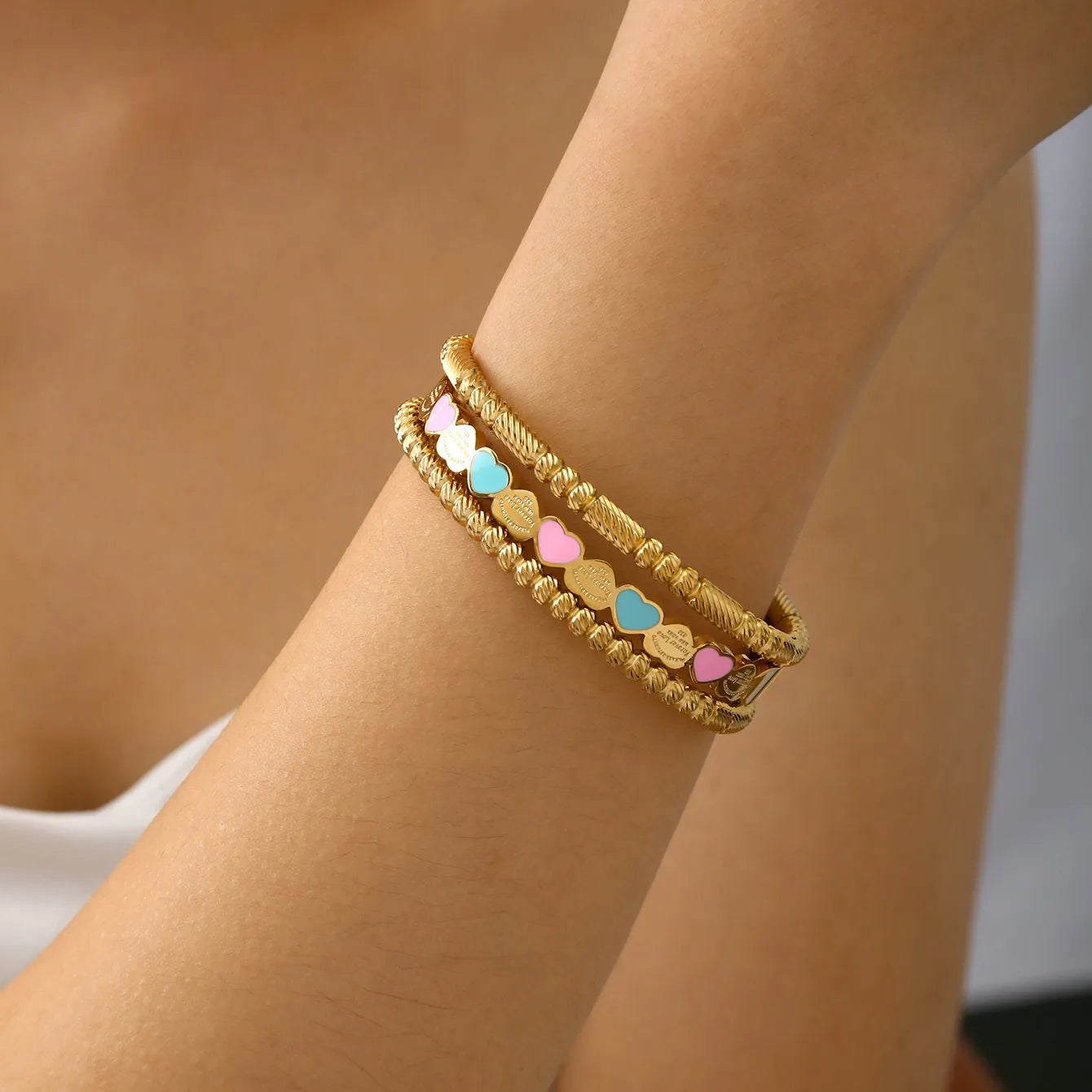 Colored Heart Shaped Stainless Steel 18K Gold Plated Bracelet