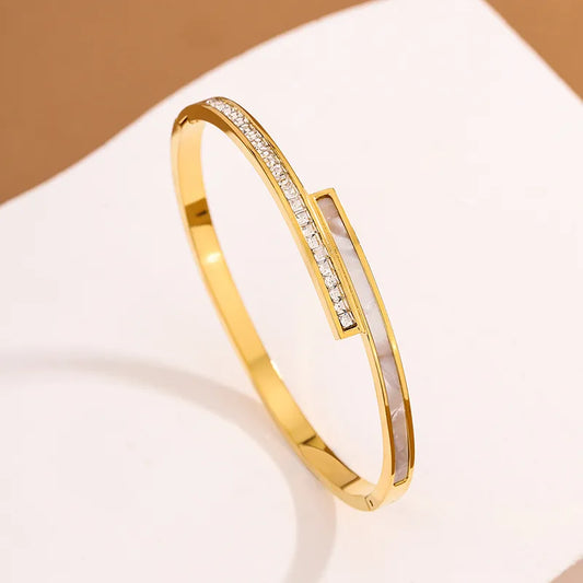 Marble Rhinestone Stainless Steel 18K Gold Plated Artificial Bangle