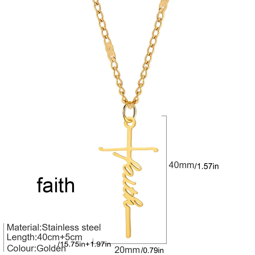 Faith Cross Letter 316L Stainless Steel Pendant Necklace Cuban Link Chain