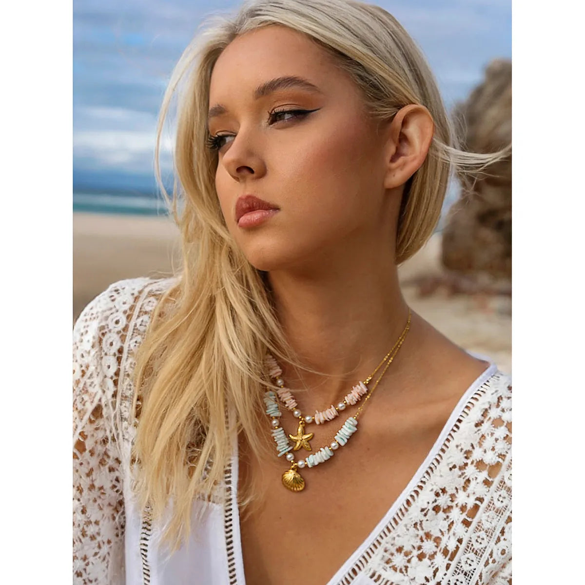 Starfish Shell 304 Stainless Steel 18K Gold Plated Beaded Pendant Necklace