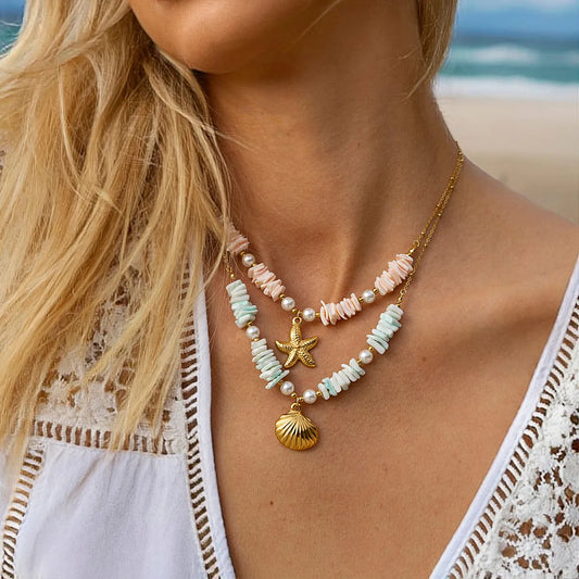 Starfish Shell 304 Stainless Steel 18K Gold Plated Beaded Pendant Necklace