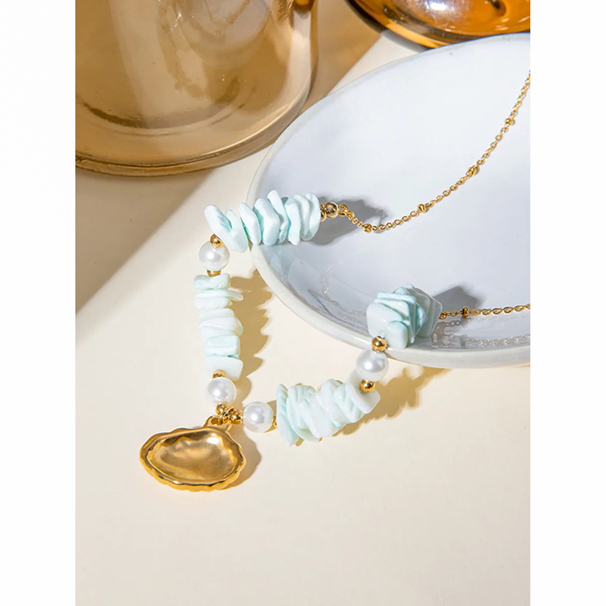 Starfish Shell 304 Stainless Steel 18K Gold Plated Beaded Pendant Necklace