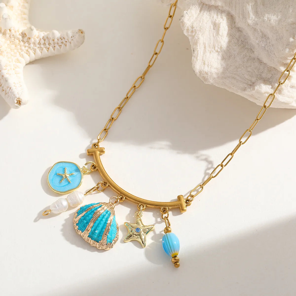 Starfish 304 Stainless Steel Natural Stone Natural Shell 18K Gold Plated Paperclip Multi Charms Necklace
