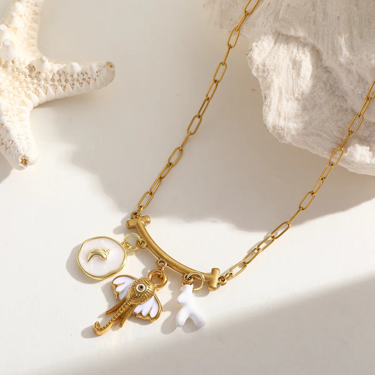 Starfish 304 Stainless Steel Natural Stone Natural Shell 18K Gold Plated Paperclip Multi Charms Necklace