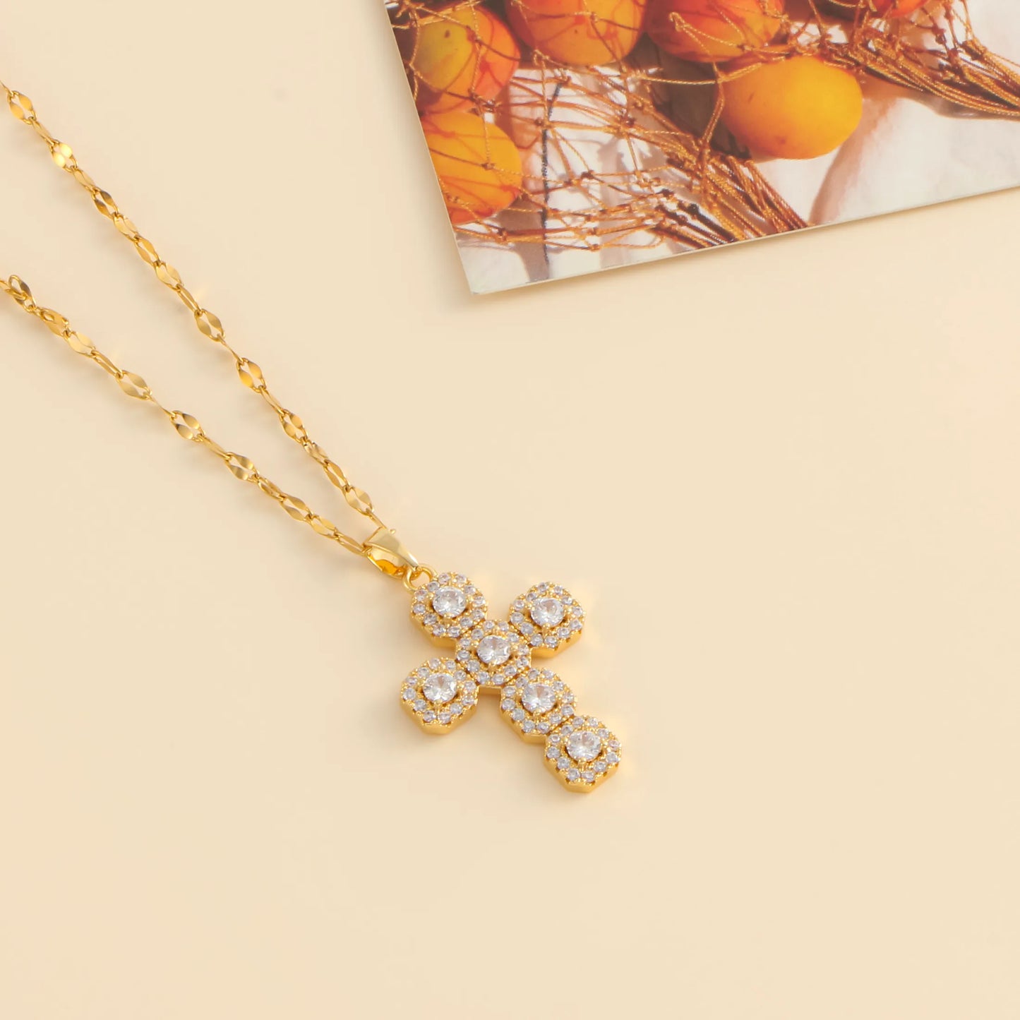 Cross Round Heart Shape 304 Stainless Steel Rhinestones Pearl Zircon 18K Gold Plated Pendant Necklace