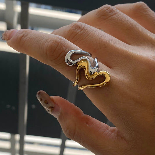 Classic Style Heart Shape Lines 304 Stainless Steel 18K Gold Plated Mixed Metal Hollow Out Ring