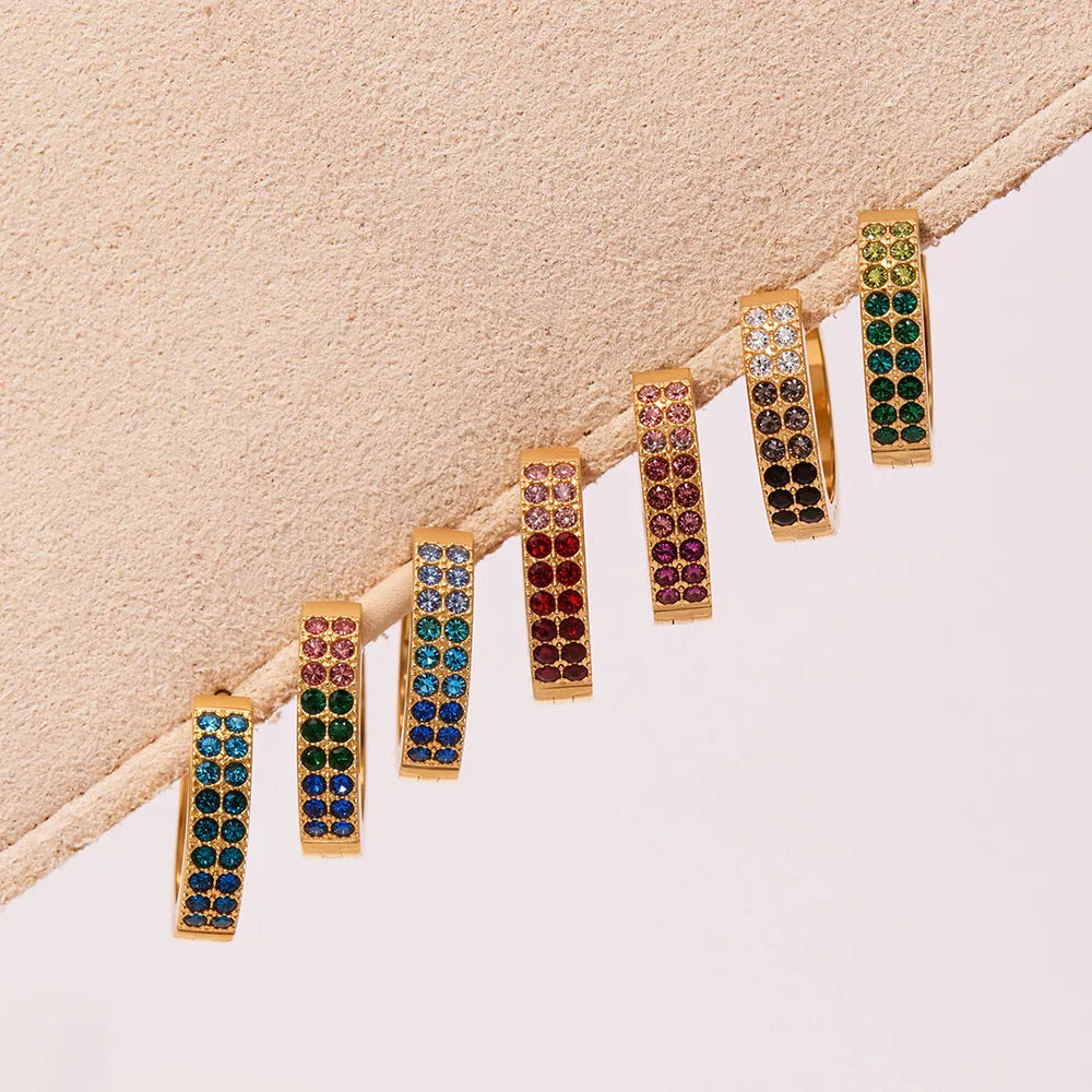 Sapphire Double Row 18K Gold Plated Stainless Steel Teal Diamond Zircon Earring