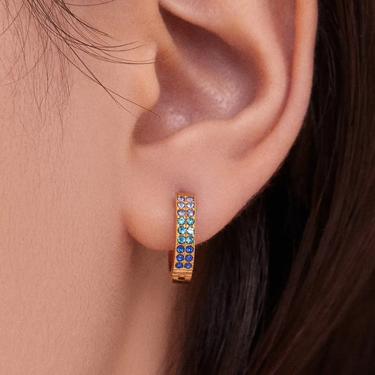 Sapphire Double Row 18K Gold Plated Stainless Steel Teal Diamond Zircon Earring