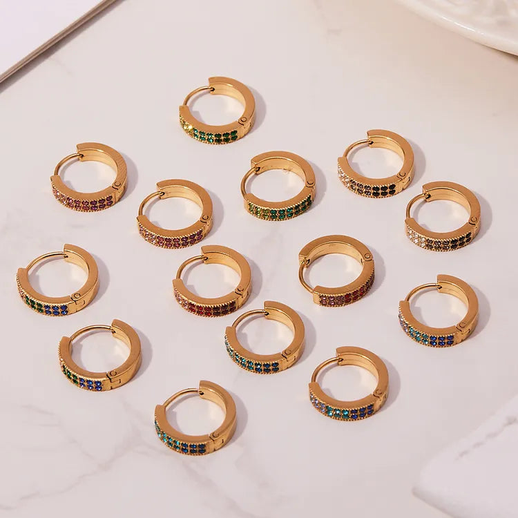 Pink Large Double Row 18K Gold Plated Stainless Steel Teal Diamond Zircon Earring