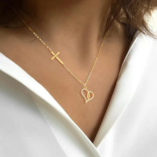 Hearts And Cross 201 Stainless Steel 18K Gold Plated Necklace