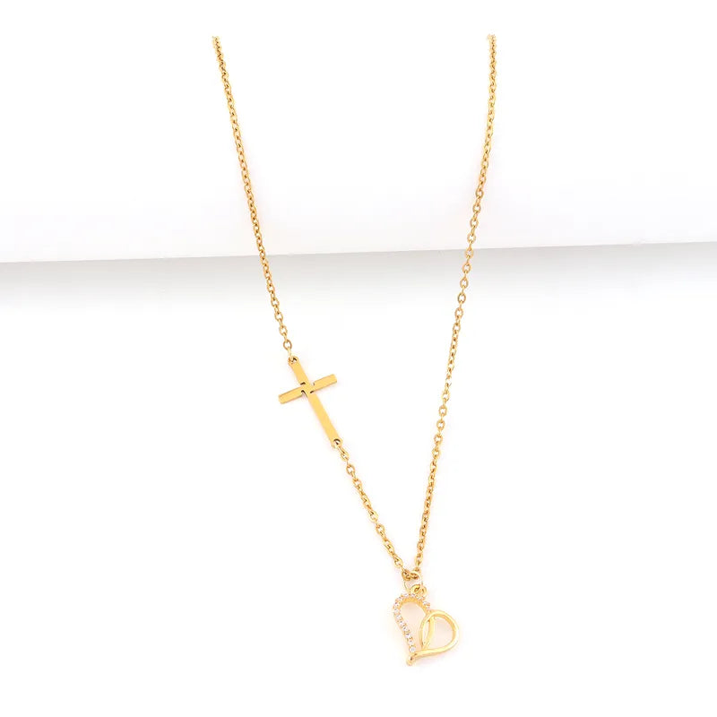 Hearts And Cross 201 Stainless Steel 18K Gold Plated Necklace