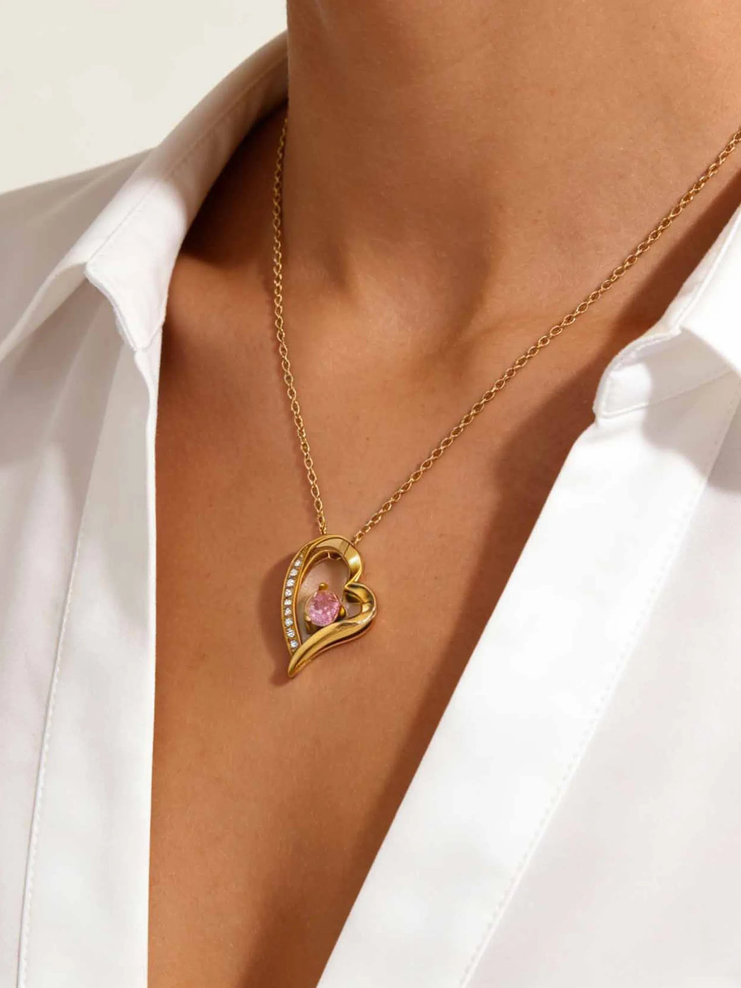 Pink Zirconia Twisted Heart 18K Gold Plated 304 Stainless Steel Necklace