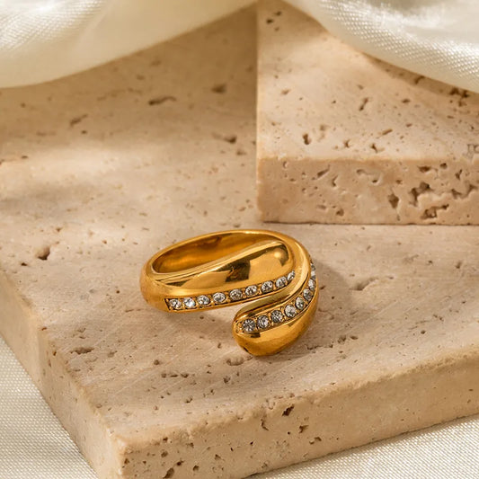 Unique Drop 18K Gold Plated Zirconia 304 Stainless Steel Ring