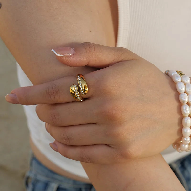 Unique Drop 18K Gold Plated Zirconia 304 Stainless Steel Ring