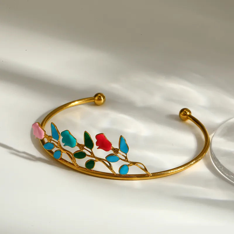 Painted Flower 304 Stainless Steel 18K Real Gold PVD Coated Bracelet