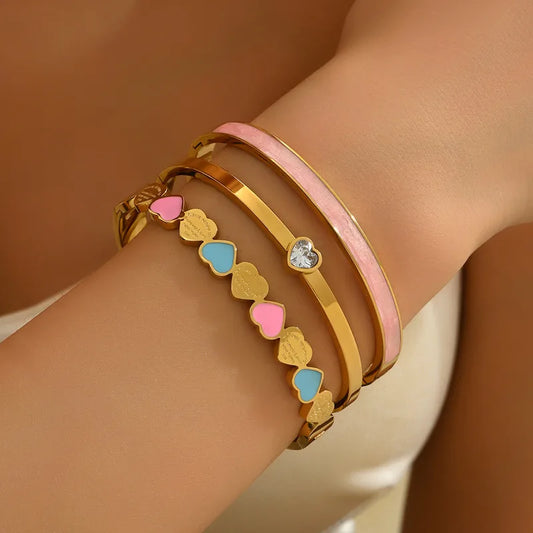 Heart Shape Enamel Titanium Steel With 18K Real Gold Plated Bangle