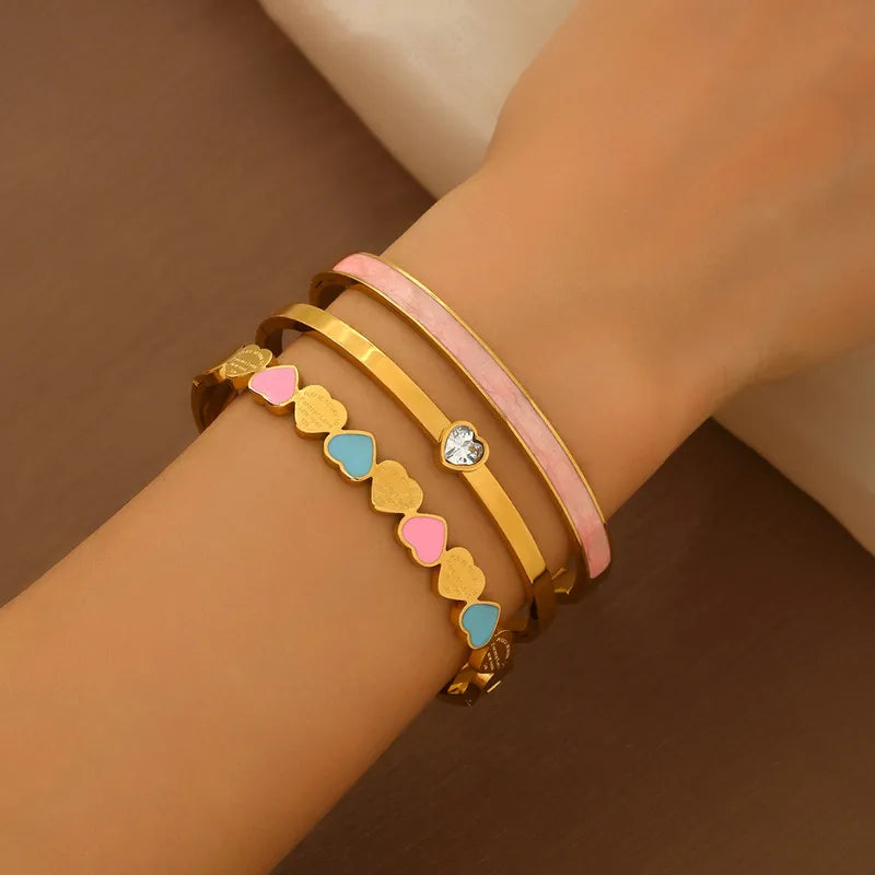 Heart Shape Enamel Titanium Steel With 18K Real Gold Plated Bangle
