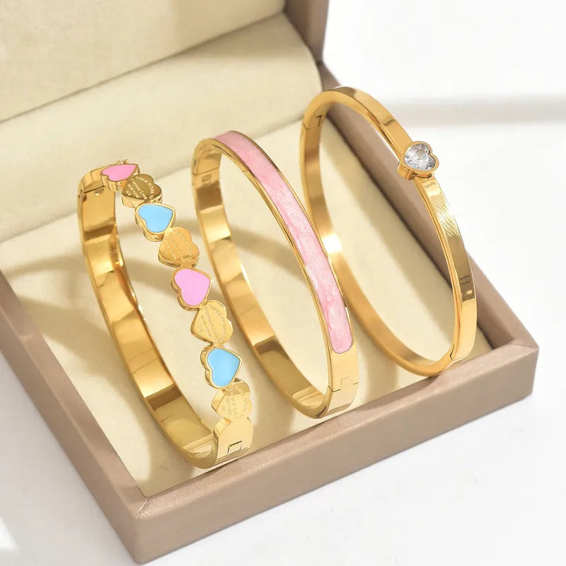Heart Shape Enamel Titanium Steel With 18K Real Gold Plated Bangle