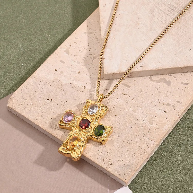 Cross Stainless Steel Rhinestones 18K Gold Plated Necklace