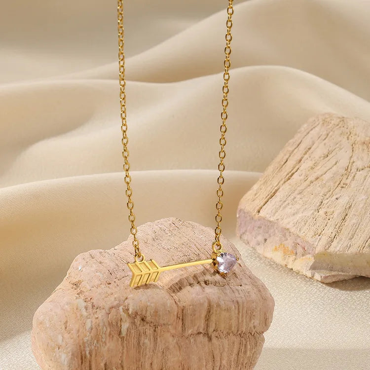 Unique Arrow 304 Stainless Steel Heart Zircon 18K Gold Plated Necklace