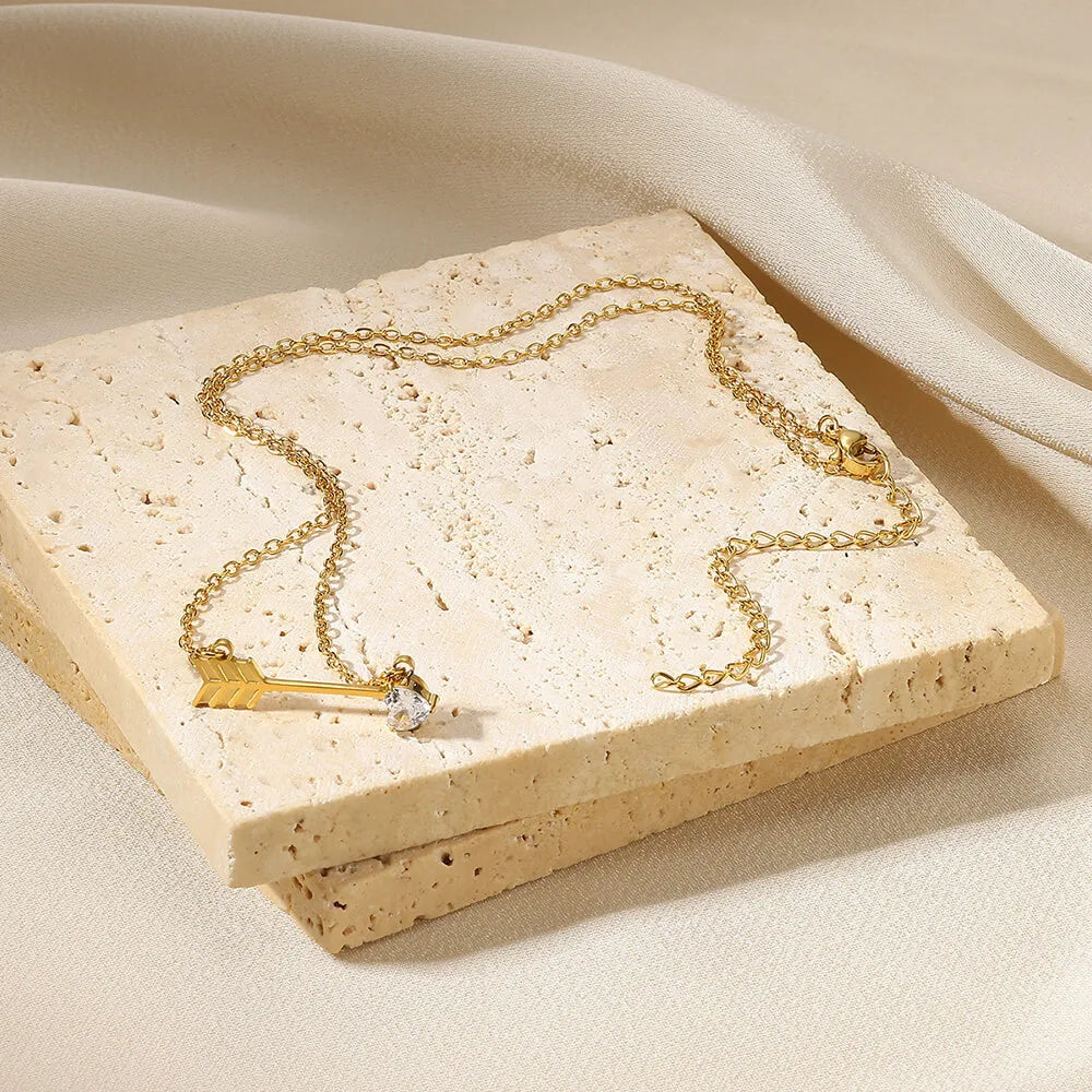 Unique Arrow 304 Stainless Steel Heart Zircon 18K Gold Plated Necklace