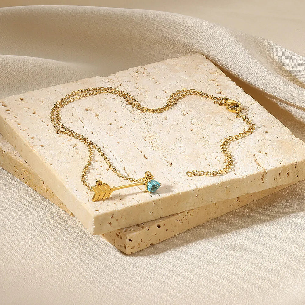 Unique Arrow 304 Stainless Steel Heart Zircon 18K Gold Plated Necklace