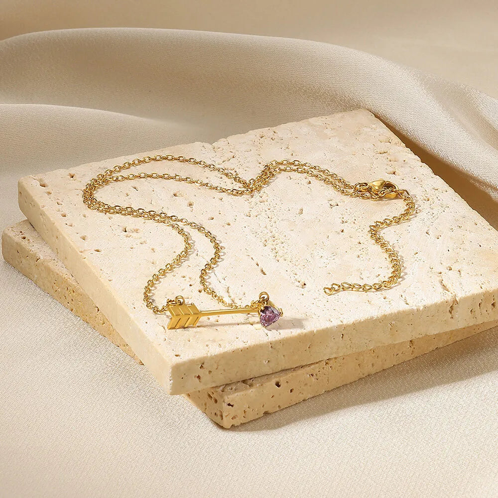 Unique Arrow 304 Stainless Steel Heart Zircon 18K Gold Plated Necklace