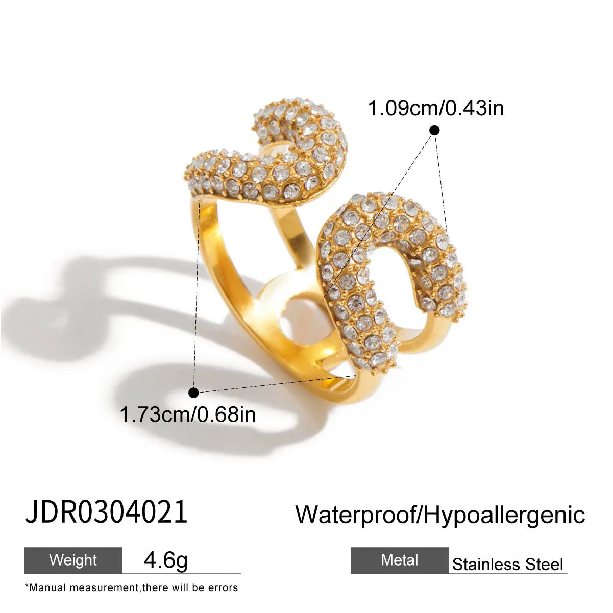 Exaggerated 304 Stainless Steel Rhinestone 18K Gold Plated Ring
